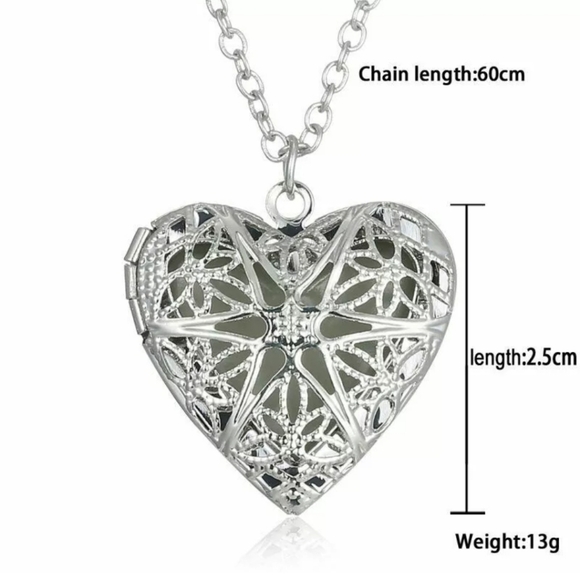 New Glow in the Dark Steel Chain Puff Heart Shape Locket Necklace Pendant - Picture 3 of 4